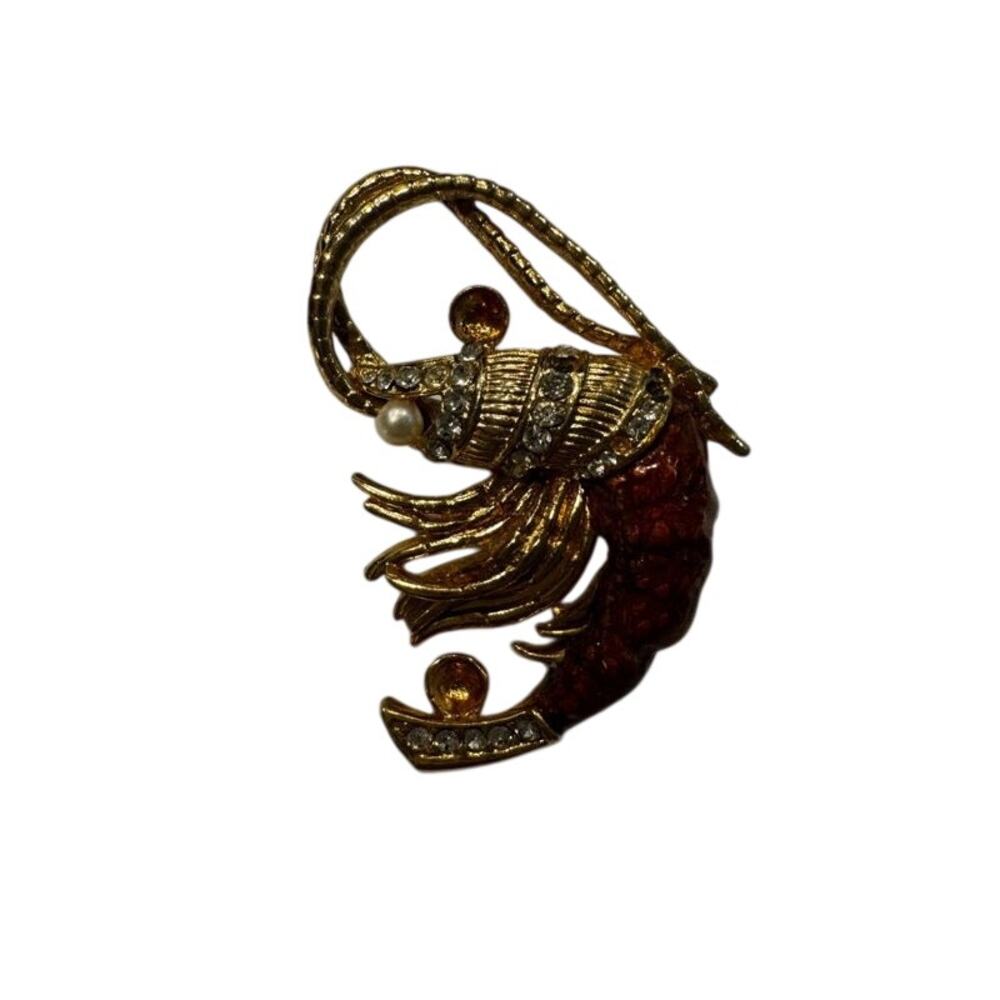 Vintage St John Shrimp Brooch Gold Tone Enamel Rhinestone Faux Pearl